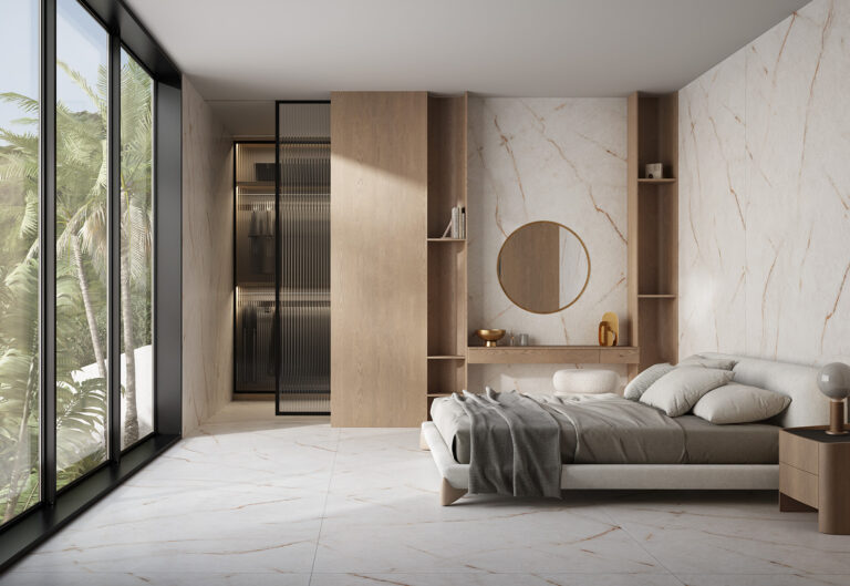 Revestimiento piedra sinterizada dormitorio