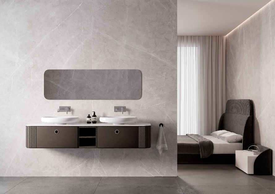 connected open bathroom and two washbasins