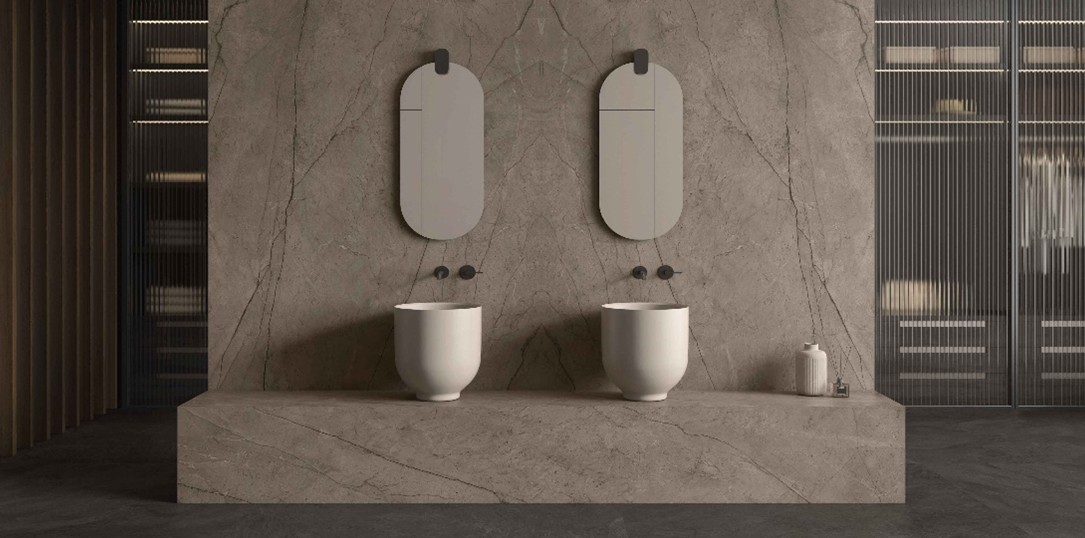 modern bathroom with two sintered stone washbasins model nebula