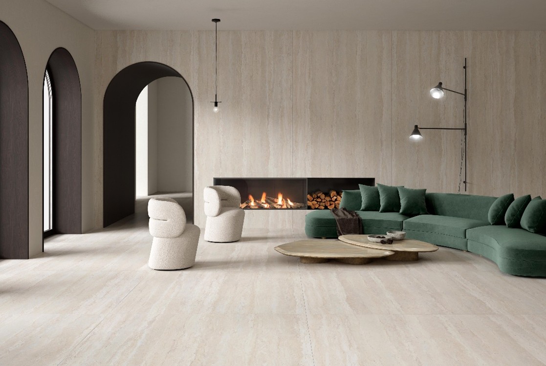 salón con suelo y revestimiento en tivoli white