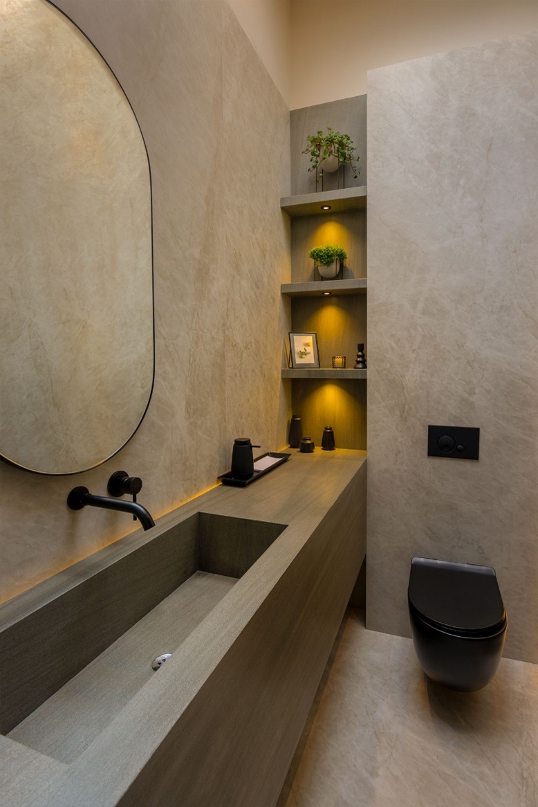 bathroom with Taj Mahal Almond panelling and flooring