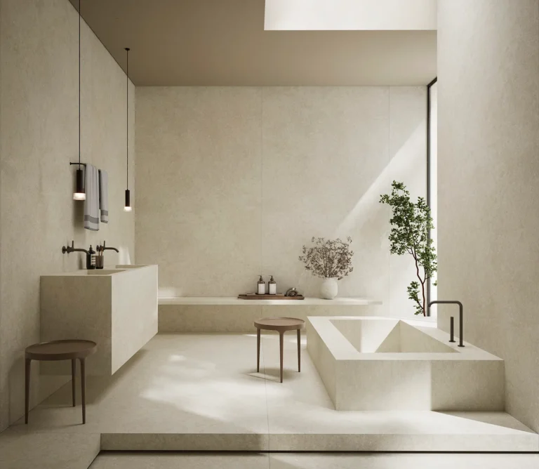 Baño moderno y sereno revestido con Amaya Linen, piedra sinterizada de Ascale, en paredes y superficies, creando un ambiente acogedor y equilibrado. Una planta decorativa y elementos de mobiliario minimalista complementan el espacio, donde la luz natural resalta los matices cálidos y la textura enriquecedora de la piedra.