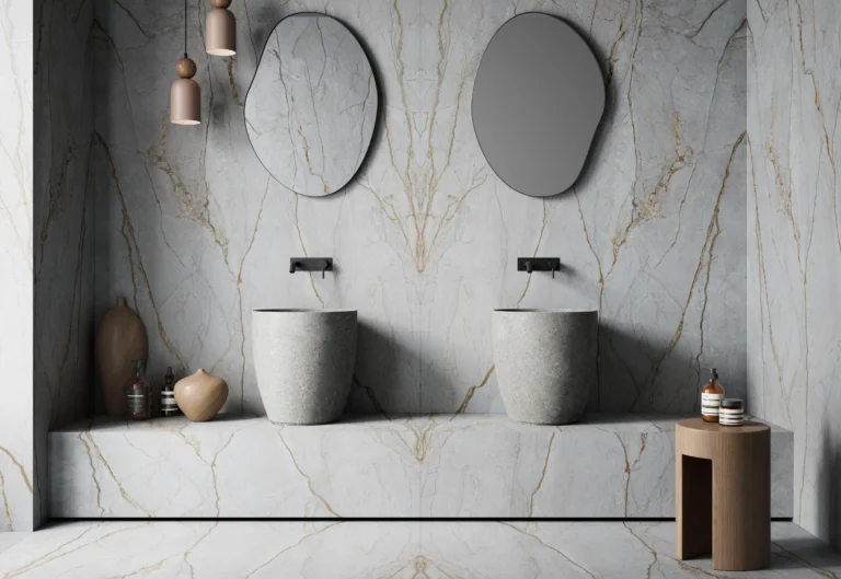 Baño elegante con revestimientos Foresta Blue de Asale, inspirados en el Blue Roma. Superficies azul grisáceas con vetas cobre que recuerdan las ramas entrelazadas de un bosque, transmitiendo calma y equilibrio. Diseño moderno con armonía natural
